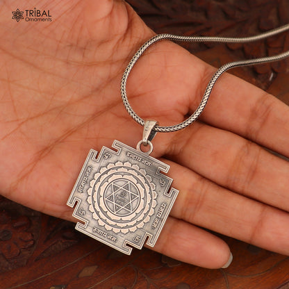 925 Sterling Silver Shree Kuber Yantra pendant with chain, tribal jewelry featuring intricate design and traditional craftsmanship.