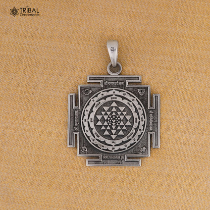 925 sterling silver Shree Yantra pendant with chain, tribal jewelry design, intricate craftsmanship, handmade silver ornament.