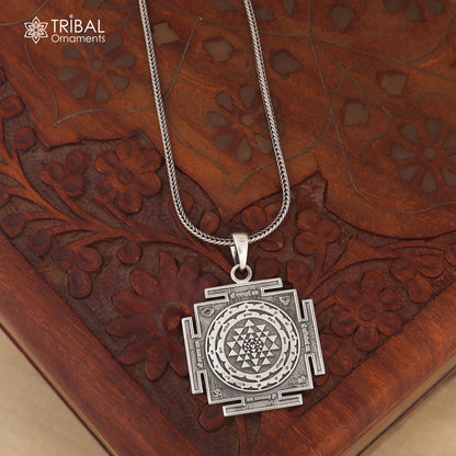 925 sterling silver Shree Yantra pendant with chain, tribal jewelry piece featuring intricate traditional design.