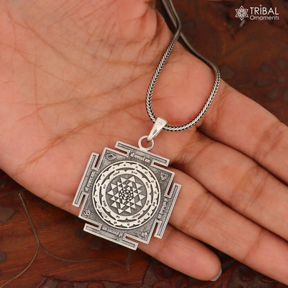 925 sterling silver Shree Yantra pendant with chain, tribal jewelry piece showcasing intricate designs and traditional craftsmanship.