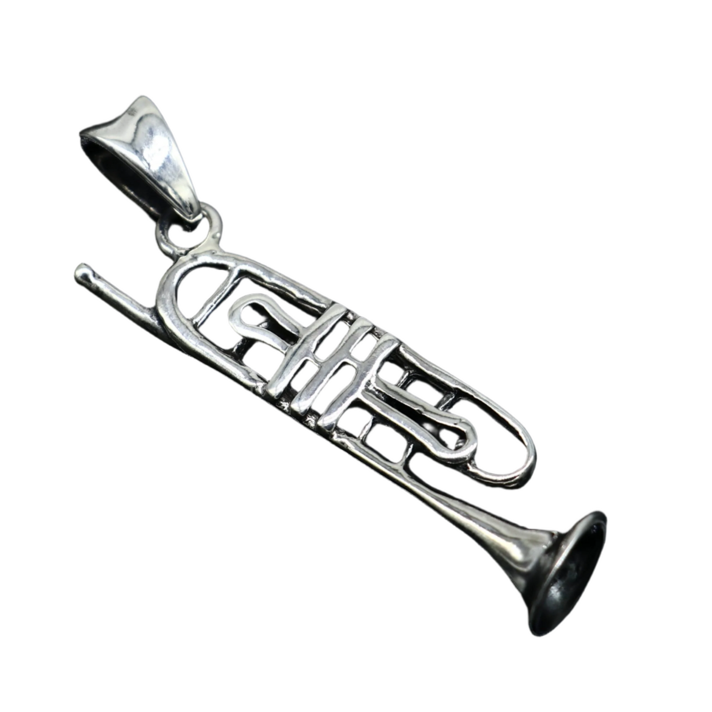 Sterling silver trumpet pendant by Tribal Ornaments, detailed musical instrument jewelry for trumpet or cornet lovers.