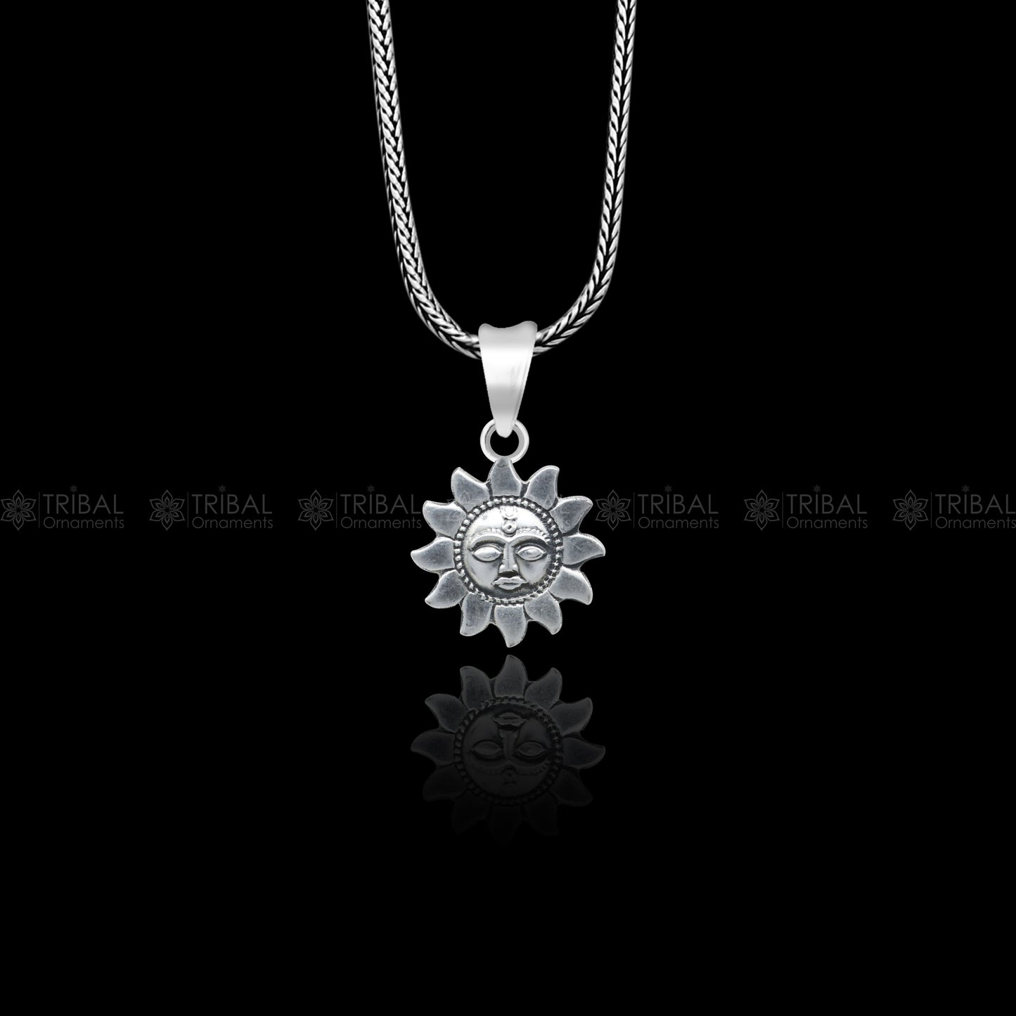 Sterling silver Sun (Surya) pendant from Tribal Ornaments, showcasing a detailed tribal sun design in 925 silver.