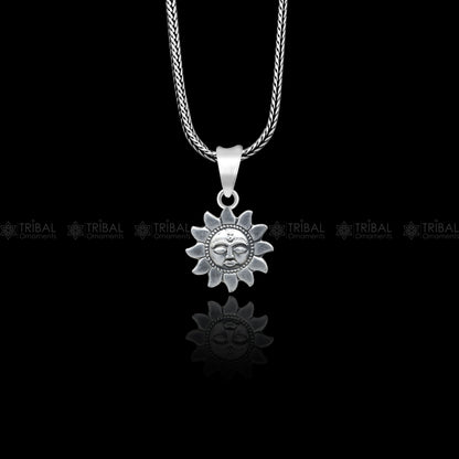 Sterling silver Sun (Surya) pendant from Tribal Ornaments, showcasing a detailed tribal sun design in 925 silver.
