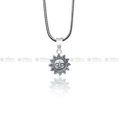 925 Sterling silver Sun (Surya) pendant from Tribal Ornaments, featuring detailed sun design on a polished silver pendant.