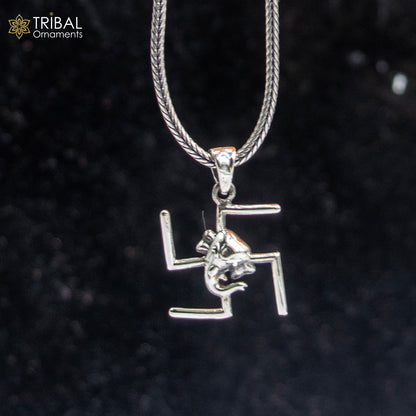 925 sterling silver Swastik and Ganesha pendant with chain, tribal jewelry by TRIBAL ORNAMENTS, featuring intricate design details.