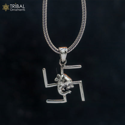 925 sterling silver Swastik and Ganesha pendant with chain, tribal jewelry, featuring intricate tribal ornament design.
