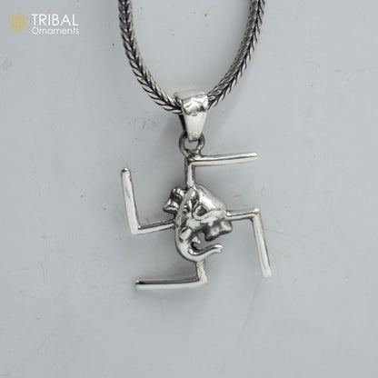 925 sterling silver Swastik and Ganesha pendant with chain, tribal jewelry design by TRIBAL ORNAMENTS.