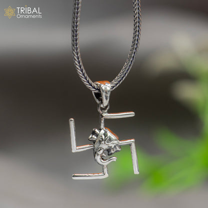 925 sterling silver Swastik and Ganesha pendant with chain, tribal jewelry, featuring intricate design and traditional symbolism.