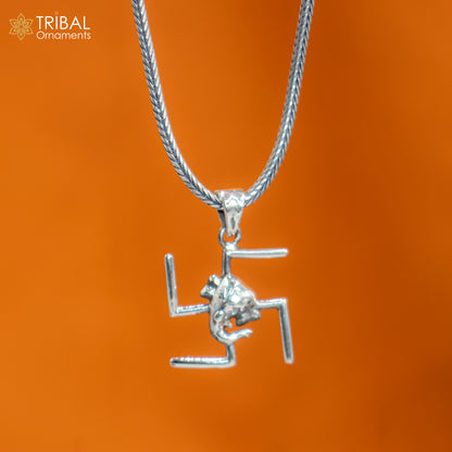 925 sterling silver Swastik and Ganesha pendant with chain, tribal jewelry featuring intricate tribal ornament design.