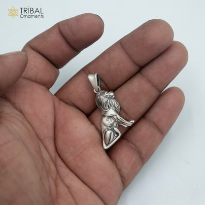 Sterling silver Lion King pendant with chain, tribal jewelry design by TRIBAL ORNAMENTS, featuring intricate tribal motifs.