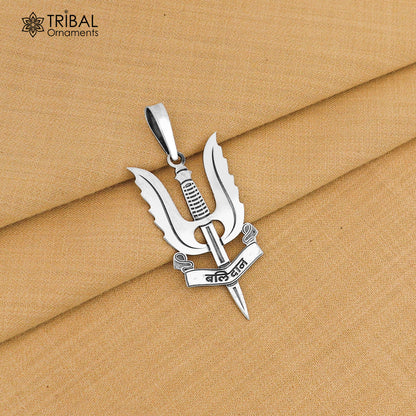 925 Sterling silver tribal balidan pendant with trident design, ethnic jewelry featuring intricate tribal ornament details.