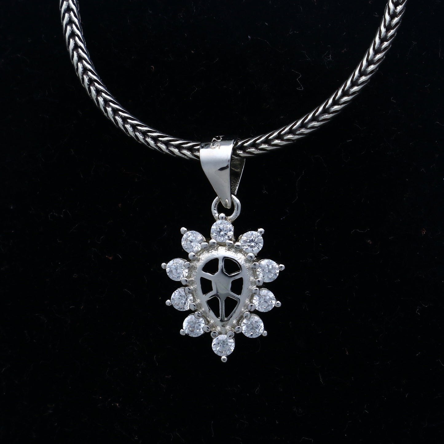 925 Sterling silver diamond pendant with a unique tribal design, featuring intricate craftsmanship by TRIBAL ORNAMENTS.
