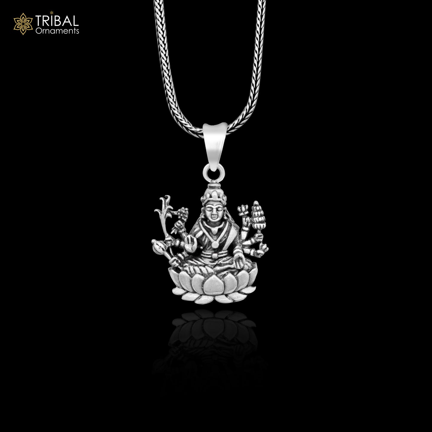 Sterling silver Goddess Laxmi Mataji pendant from TRIBAL ORNAMENTS, featuring a detailed, unique tribal design in personalized jewelry style.