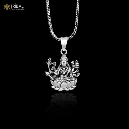 Sterling silver Goddess Laxmi Mataji pendant from TRIBAL ORNAMENTS, featuring a detailed, unique tribal design in personalized jewelry style.