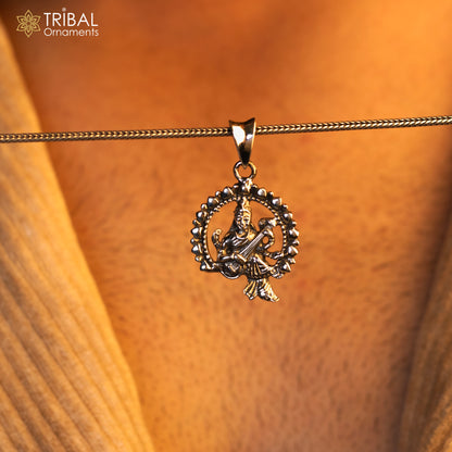 925 sterling silver Goddess Saraswati pendant featuring Sharda Mataji design, tribal-inspired personalized jewelry by TRIBAL ORNAMENTS