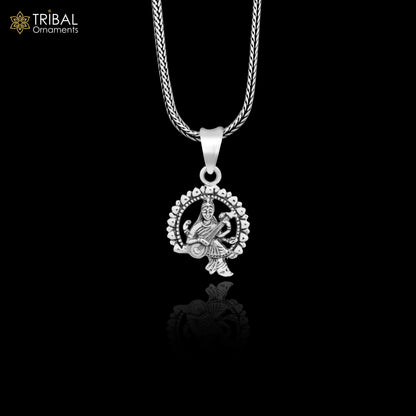 925 sterling silver Goddess Saraswati pendant featuring Sharda Mataji design, tribal-inspired personalized jewelry by TRIBAL ORNAMENTS