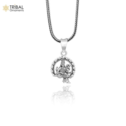 925 sterling silver Goddess Saraswati pendant featuring Sharda Mataji design, tribal-inspired personalized jewelry by Tribal Ornaments.