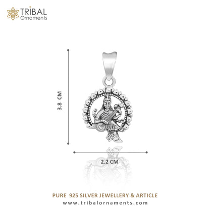 925 sterling silver Goddess Saraswati pendant featuring Sharda Mataji design, tribal-inspired personalized jewelry with intricate detailing.