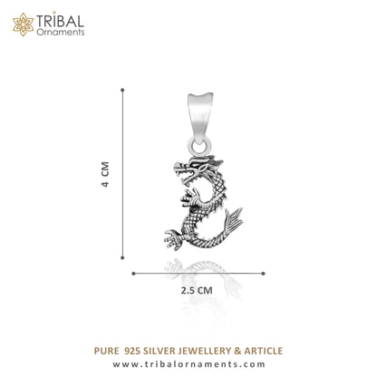 Unisex 925 sterling silver Dragon design pendant necklace with intricate tribal ornament style, unique cultural jewelry piece.