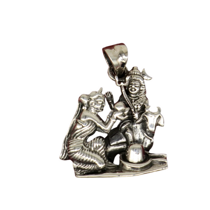 925 sterling silver Lord Shiva, Parwati, and Nandi Maharaj pendant with Shiva Lingam, crafted by TRIBAL ORNAMENTS.