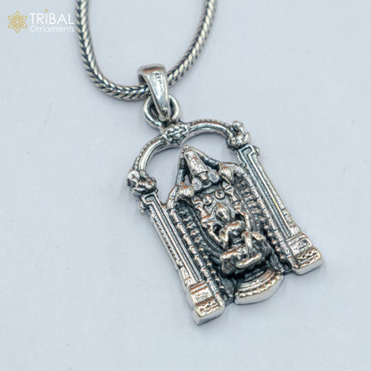 Sterling silver Venkateshwara pendant with chain, tribal jewelry by TRIBAL ORNAMENTS, featuring detailed religious icon design.