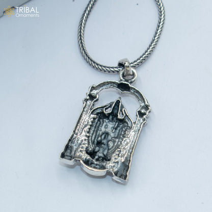 Sterling silver Venkateshwara pendant with chain, tribal jewelry design, from TRIBAL ORNAMENTS, showcasing detailed craftsmanship.