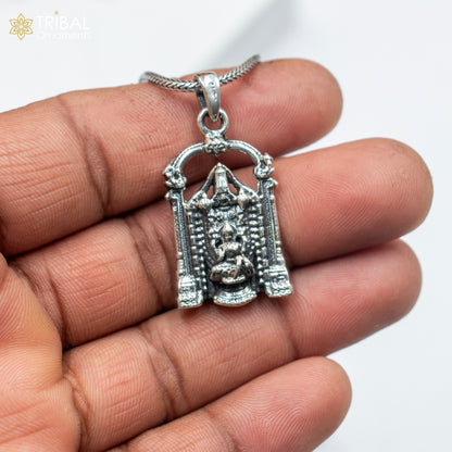 925 sterling silver Venkateshwara pendant with chain, tribal jewelry design by TRIBAL ORNAMENTS, detailed religious pendant image