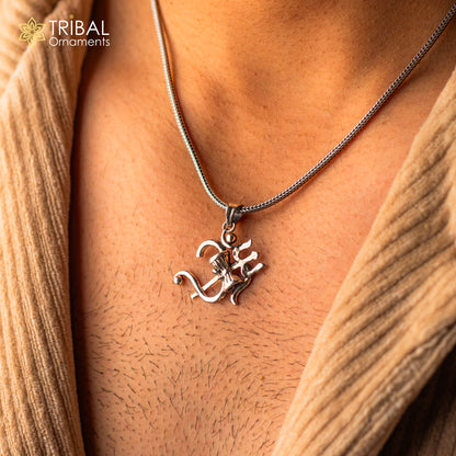 Sterling silver vintage style Aum OM pendant with Shiva trident design, unisex tribal jewelry by Tribal Ornaments.