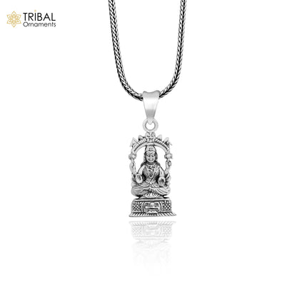 Sterling silver vintage goddess Laxmi pendant by Tribal Ornaments, featuring intricate Hindu deity design, unisex jewelry gift piece.