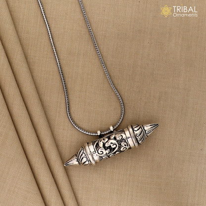 Vintage 925 sterling silver Nakshi work tribal amulet box pendant with intricate ethnic design, crafted by Tribal Ornaments.
