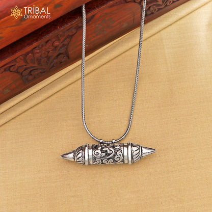 925 Sterling silver vintage Nakshi work amulet box pendant from Tribal Ornaments, tribal ethnic jewelry with intricate design.