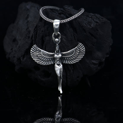 925 sterling silver Winged Isis Egyptian Goddess pendant featuring detailed wing and goddess design, ideal as a gift.