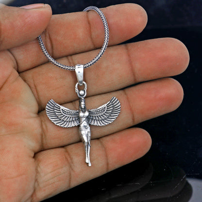 925 sterling silver Winged Isis Egyptian Goddess pendant with detailed wing design, ideal for jewelry and gift-giving.