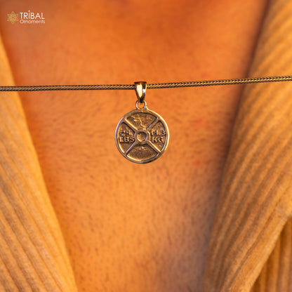 Sterling silver barbell weight plate pendant by Tribal Ornaments, handmade gym-inspired jewelry for boys and girls.