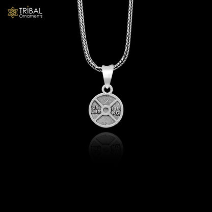 925 sterling silver barbell weight plate pendant by Tribal Ornaments, featuring a handmade gym-inspired design for boys and girls.