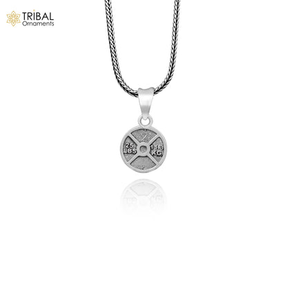 925 sterling silver barbell weight plate pendant by Tribal Ornaments, handmade gym-inspired jewelry for boys and girls.