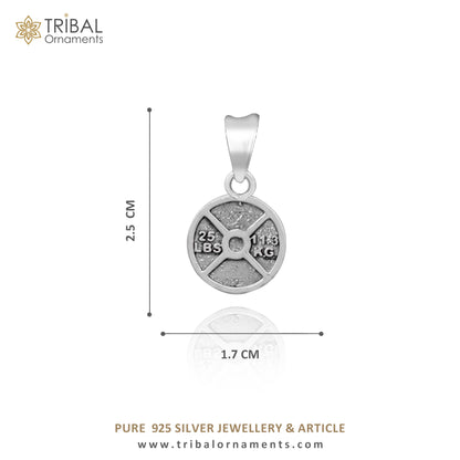 Sterling silver barbell weight plate pendant by Tribal Ornaments, featuring a handmade gym-inspired design for boys and girls.