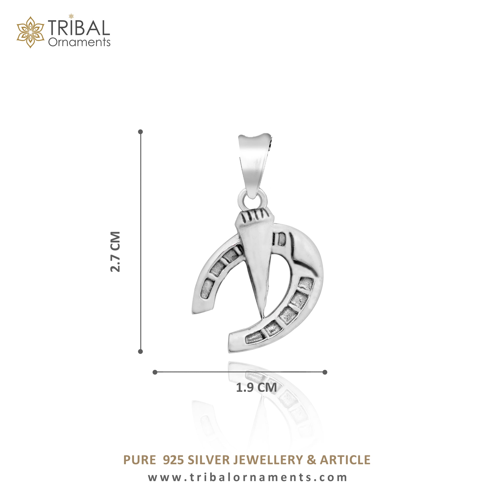 925 sterling silver horseshoe charm pendant by Tribal Ornaments, handmade, small, for boys and girls, featuring a detailed horseshoe design.
