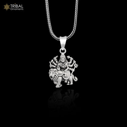 Unisex tribal jewelry pendant featuring 925 sterling silver Bhawani Durga Mataji goddess with lion motif, intricate divine tribal design.