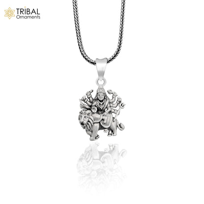 925 silver Durga Mataji pendant with lion, tribal jewelry featuring Bhawani goddess, unisex divine tribal jewelry piece