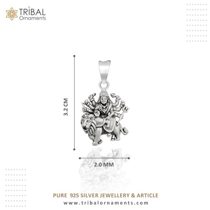 Unisex tribal jewelry pendant featuring 925 sterling silver Durga Mataji with lion design, crafted by TRIBAL ORNAMENTS.