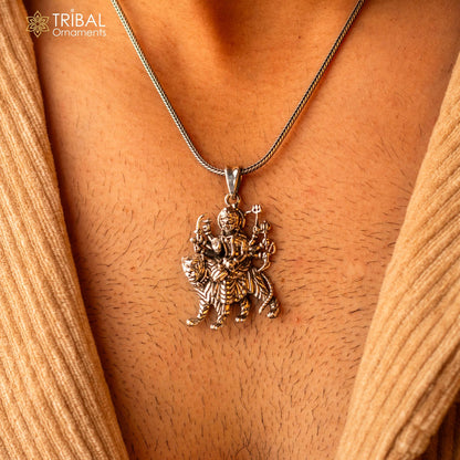 925 silver Goddess Durga Mataji pendant with lion, unisex tribal jewelry by TRIBAL ORNAMENTS, showcasing divine goddess design.