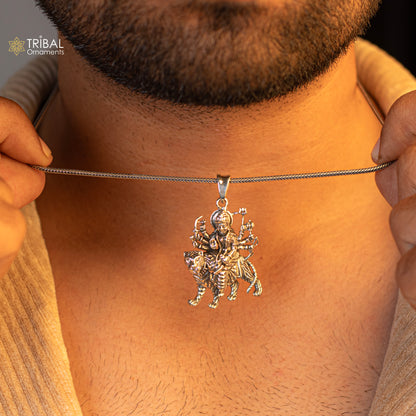 925 sterling silver Goddess Bhawani Durga Mataji pendant with lion design, tribal unisex jewelry, religious locket, Tribal Ornaments.