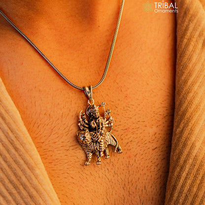 925 sterling silver Goddess Bhawani Durga Mataji lion pendant, tribal unisex jewelry, divine religious pendant by TRIBAL ORNAMENTS