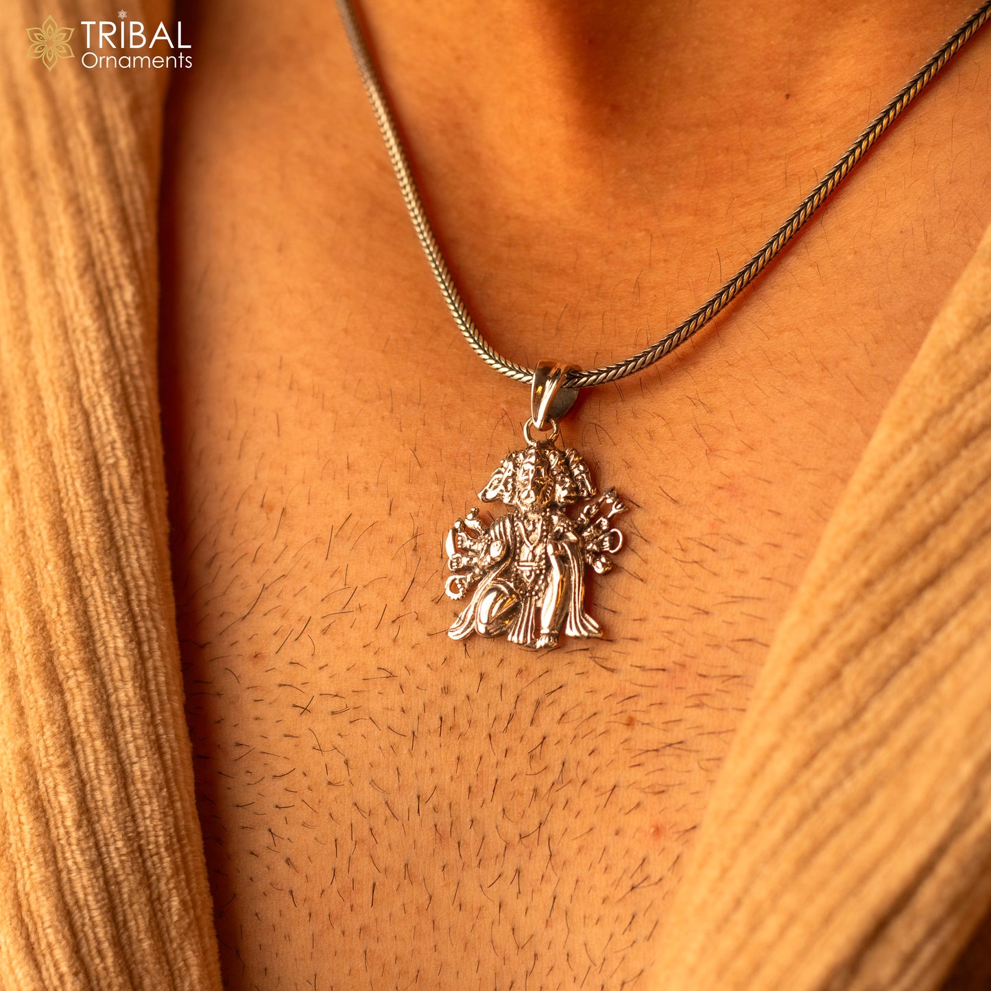 Sterling silver Lord Panchmukhi Hanuman pendant, handmade unisex Hindu jewelry, intricate design, divine guardian symbol.