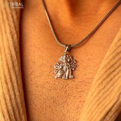 Sterling silver Lord Panchmukhi Hanuman pendant, handmade unisex Hindu jewelry, intricate design, divine guardian symbol.
