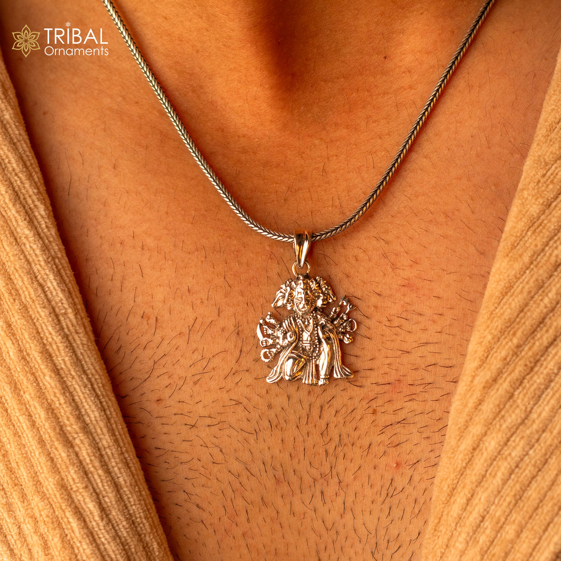 925 sterling silver Lord Panchmukhi Hanuman pendant, handmade unisex Hindu deity jewelry by TRIBAL ORNAMENTS.