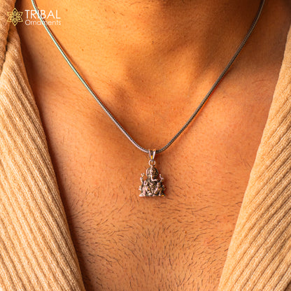 Unisex 925 sterling silver Lord Ganesha blessing pendant with intricate tribal design, handmade Indian jewelry by TRIBAL ORNAMENTS