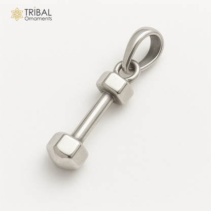 Elegant 925 sterling silver barbell dumbbell pendant, unisex jewelry from Tribal Ornaments, featuring a stylish and unique design.