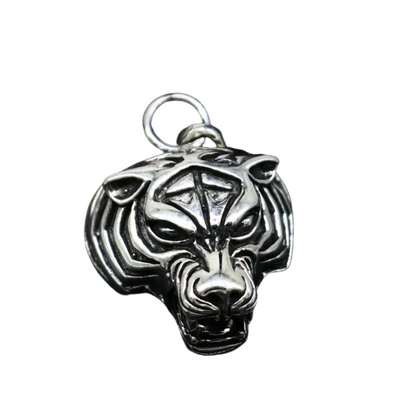 Sterling silver tiger face pendant by Tribal Ornaments, unisex handmade jewelry with intricate tiger design.